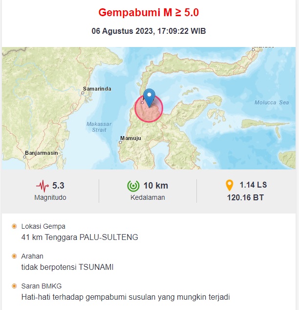 Data Gempa Bumi Terkini Di Kota Palu 5.3 SR.