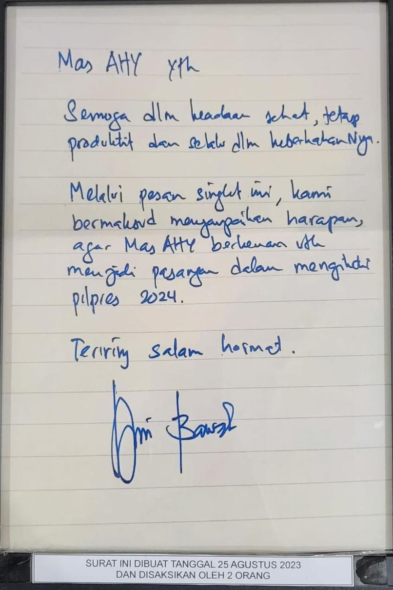 Surat tulisan tangan Anies Baswedan untuk AHY