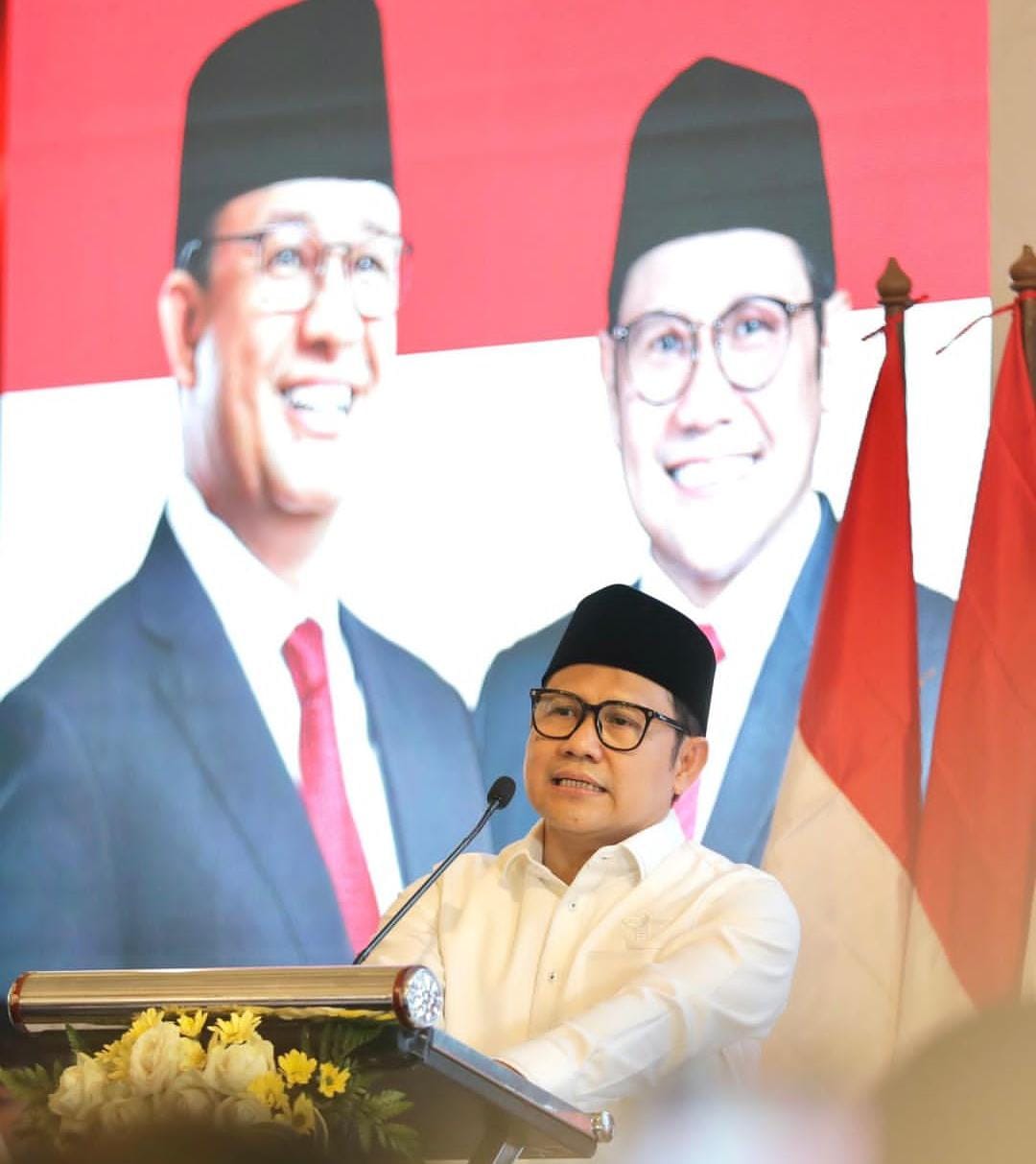 Ketua Umum Partai Kebangkitan Bangsa Muhaimin Iskandar berpidato saat dideklarasikan sebagai Calon Wakil Presiden Dari Bakal Calon Presiden Anies Baswedan.