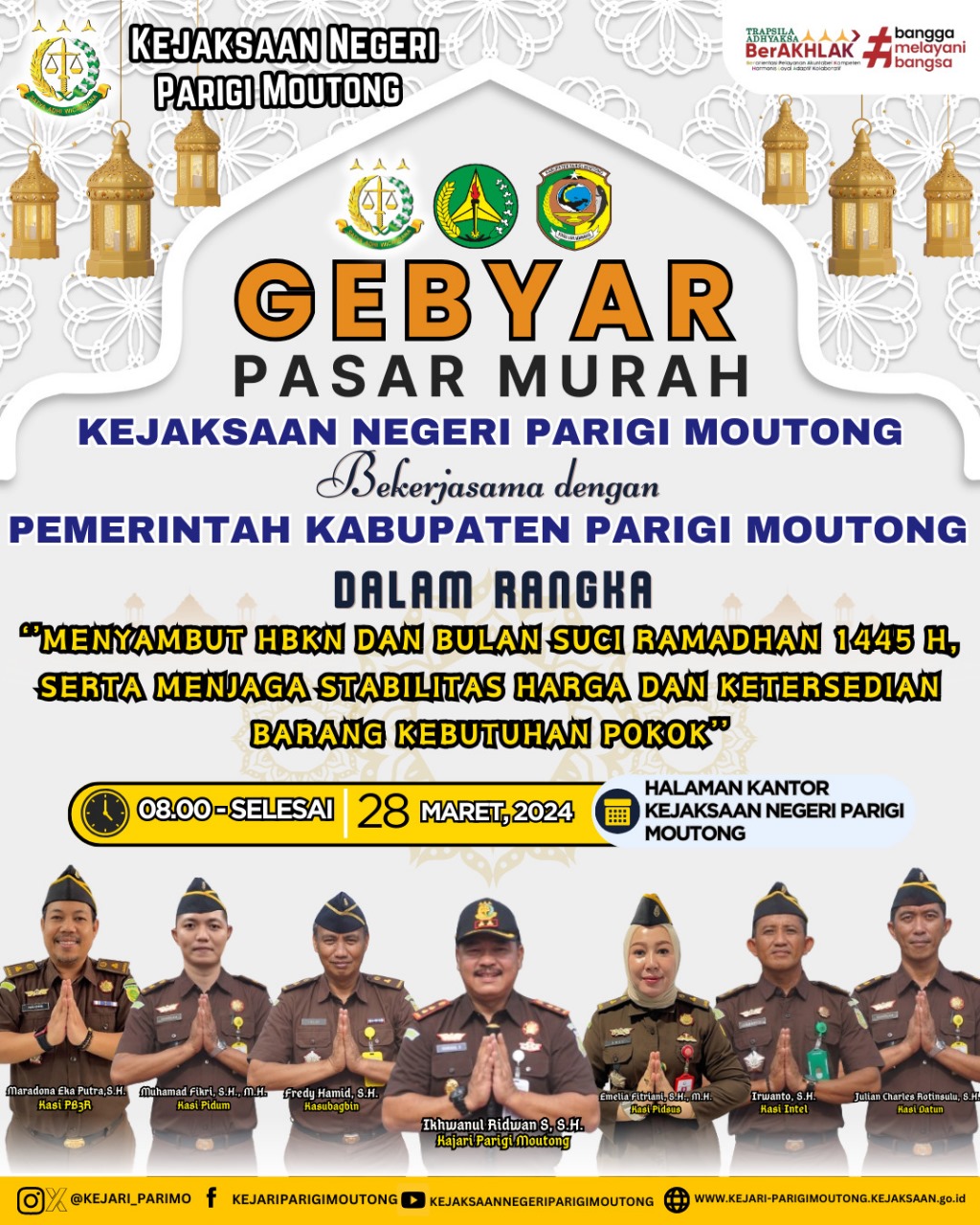 Pengumuman kegiatan Gebyar Pasar Murah Kejari Parimo yang digelar 28 Maret 2024.