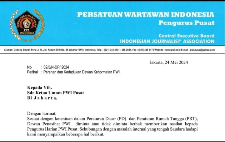 Surat dari Dewan Penasehat PWI Pusat untuk Ketua Umum PWI Pusat