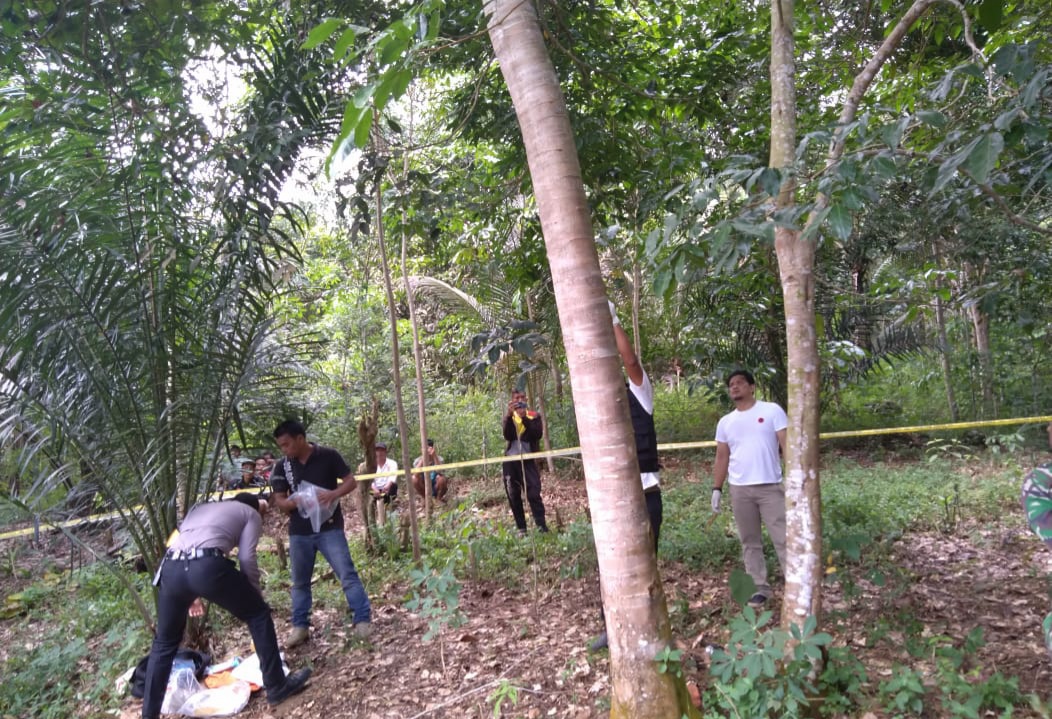 Polisi saat melakukan cek TKP tempat seorang laki-laki akhiri hidup di ranting Pohon jengkol