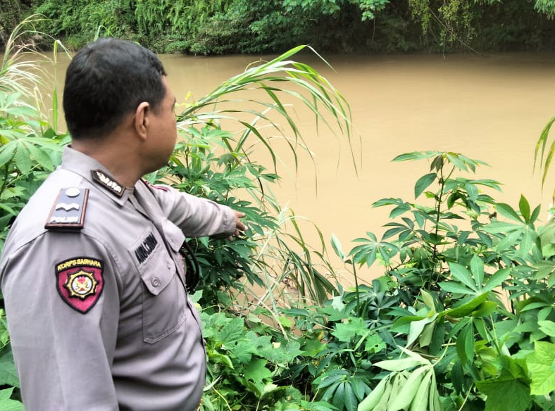 Personel Polsek Padang Bolak saat menunjukkan lokasi diduga tempat korban terpeleset dan hanyut hingga meninggal dunia