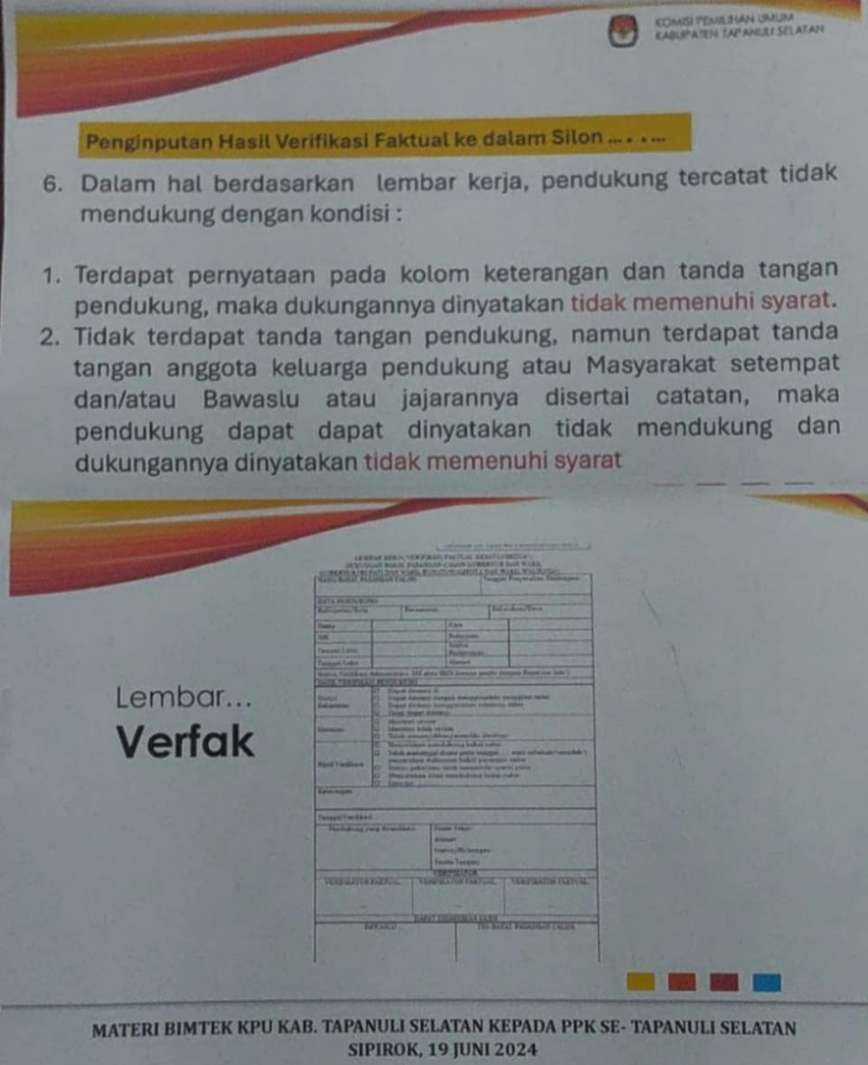 Lembaran sosialisasi Bimtek KPU Tapsel ke PPK dengan isian masih lengkap yang tertuang kolom "menyatakan tidak mendukung" bakal calon Bupati dan bakal calon Wakil Bupati dari jalur perseorangan pada Pilkada serentak 2024