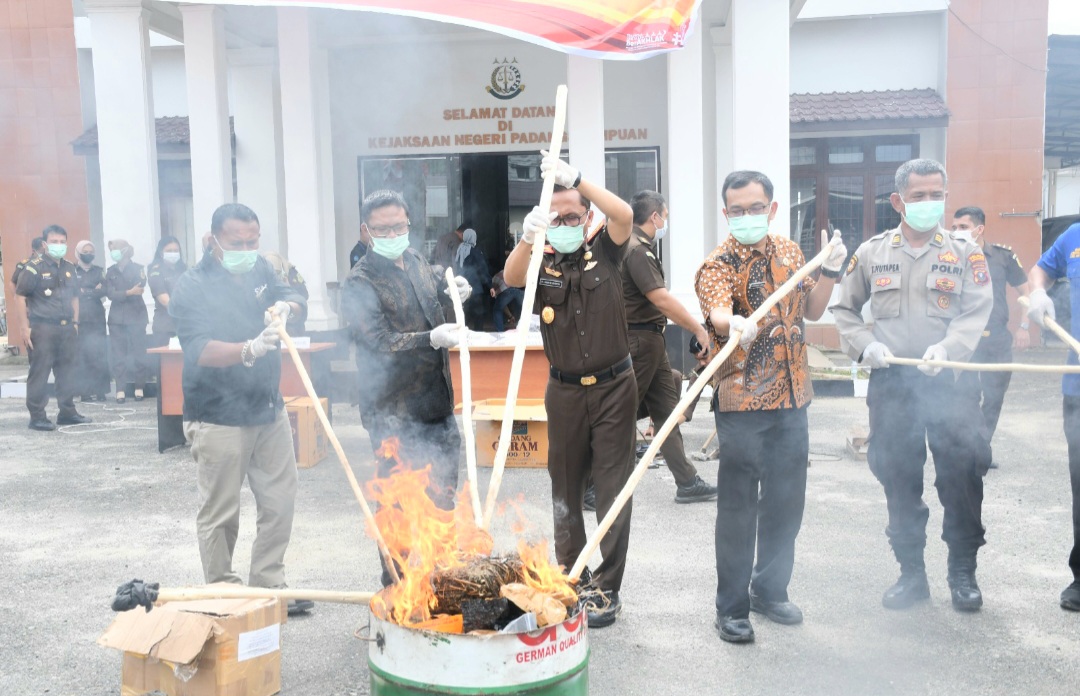 Kajari Padangsidimpuan, Dr Lambok MJ Sidabutar, dan berbagai unsur Forkopimda saat memusnahkan barang bukti hasil tindak pidana umum