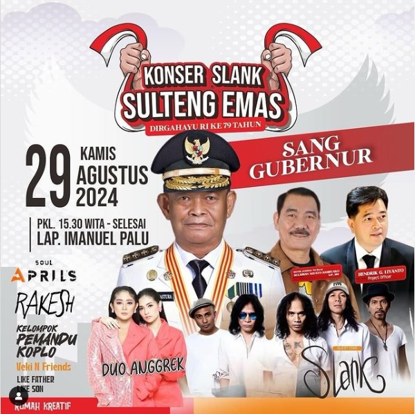 Pengumuman Konser Slank Sulteng Emas 29 Agustus 2024 dikota Palu.