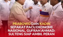 Presiden Republik Indonesia, Prabowo Subianto saat bersalaman dengan Ketua Umum Kadin Sulteng, Gufran Ahmad