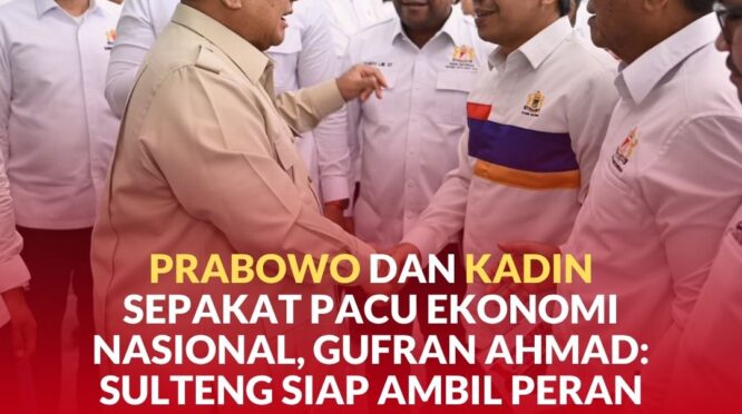 Presiden Republik Indonesia, Prabowo Subianto saat bersalaman dengan Ketua Umum Kadin Sulteng, Gufran Ahmad