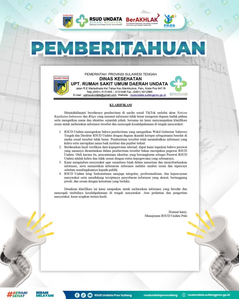 Klarifikasi Pemprov Sulteng terkait postingan HOAX yang mencatut nama Wakil Gubernur Sulteng, dr. Reny A Lamadjido. 